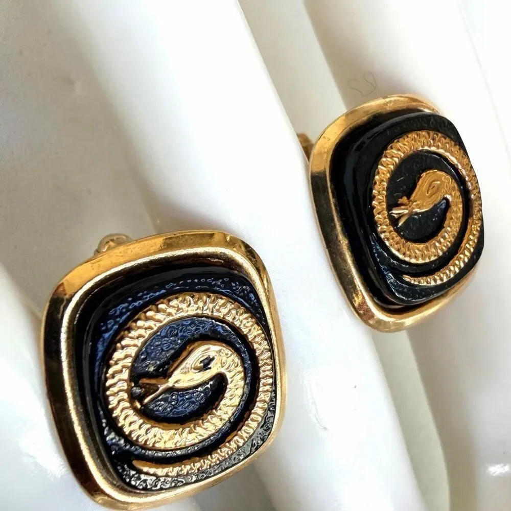 Gold Tone Black Enamel Snake Cufflinks Vintage